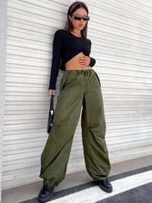 SHEIN ICON Quần nhảy dù Gorpcore Eo dây rút quần ống rộng - xanh quân đội - Xem 5