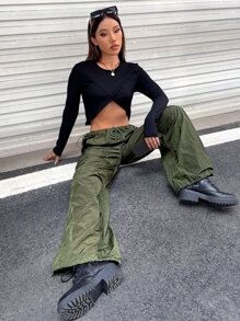 SHEIN ICON Quần nhảy dù Gorpcore Eo dây rút quần ống rộng - xanh quân đội - Xem 6