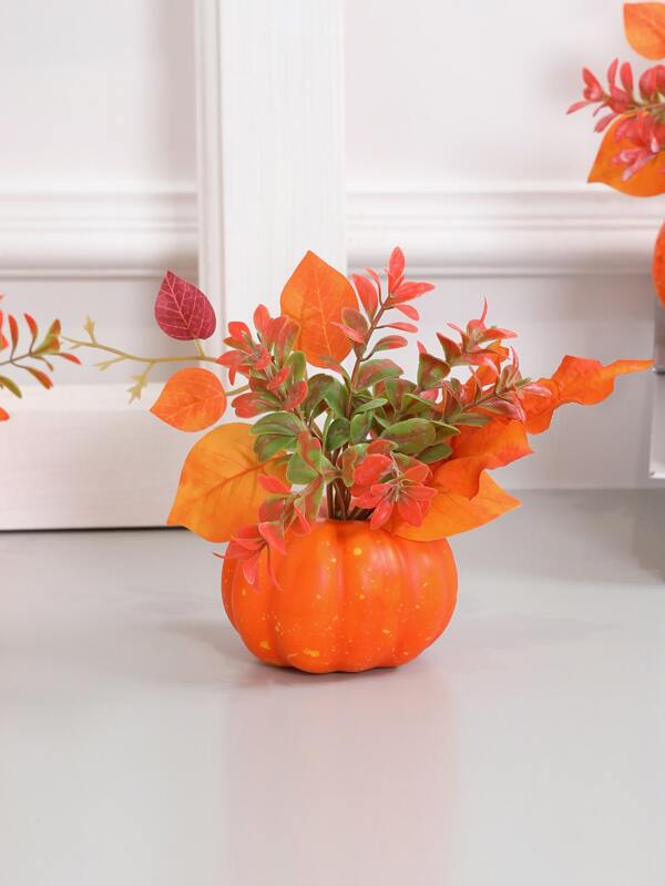 1pc 14CM(H) Artificial 68#YR Water Grass, Maple Leaf, Lantern Leaf, Pumpkin Plastic Mini Potted Plant - For Halloween Atmosphere Decor, Home Living Room, Bedroom, Bathroom Tabletop Accent