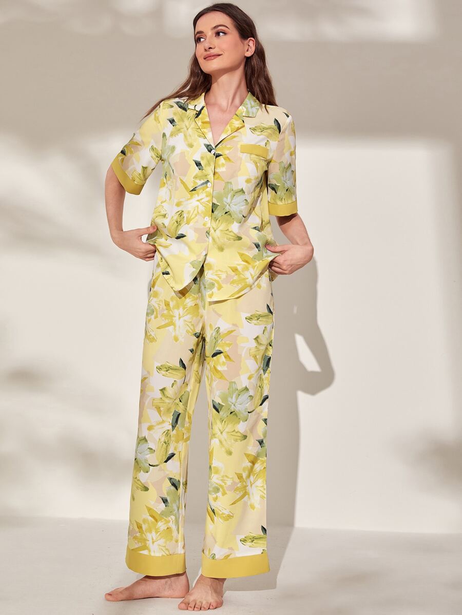 SHEIN Unity Floral Print Lapel Collar PJ Set - Multicolor - View 1