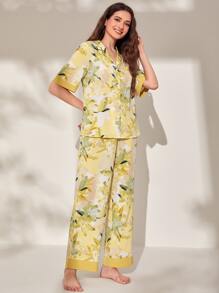 SHEIN Unity Floral Print Lapel Collar PJ Set - Multicolor - View 4