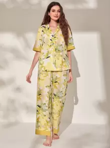 SHEIN Unity Floral Print Lapel Collar PJ Set - Multicolor - View 5