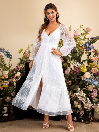 Simplee Vestido Longo de Manga Comprida com Cintura Alta, Sólido, Tule Bordado, Vestido de Festa, Vestido de Aniversário, Branco, Primavera Elegante