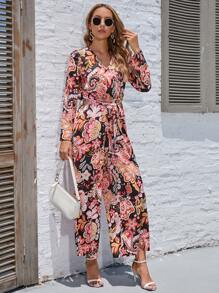 Floral Print Belted Jumpsuit - Multicolor - View 1