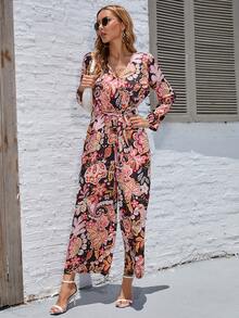 Floral Print Belted Jumpsuit - Multicolor - View 3
