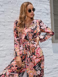 Floral Print Belted Jumpsuit - Multicolor - View 5