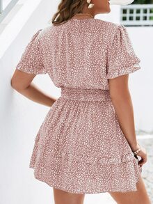 Simplee Plus Allover Print Knot Front Shirred Frill Trim Klänning för sommaren - Dammrosa - Visa 2