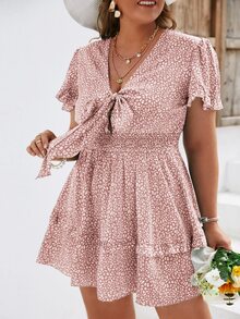 Simplee Plus Allover Print Knot Front Shirred Frill Trim Klänning för sommaren - Dammrosa - Visa 5