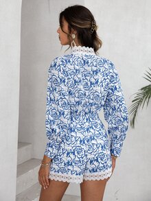 Simplee Allover Print Contrast Guipure Lace Shirt & Shorts - Blue and White - View 2