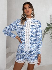 Simplee Allover Print Contrast Guipure Lace Shirt & Shorts - Blue and White - View 5