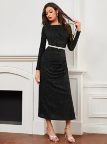 Modelyn 船領金屬質感洋裝不附腰帶 - 黑色 - 查看 4