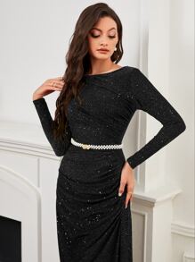 Modelyn 船領金屬質感洋裝不附腰帶 - 黑色 - 查看 5