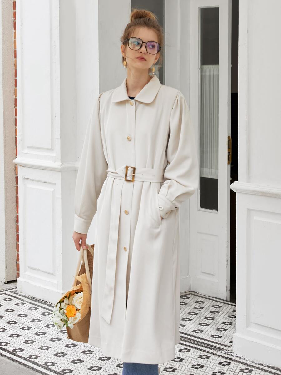 Simple Retro Puff Sleeve Belted Trench Coat - Beige - View 1