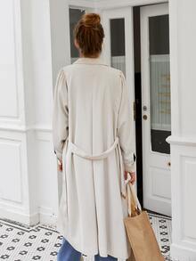 Simple Retro Puff Sleeve Belted Trench Coat - Beige - View 2