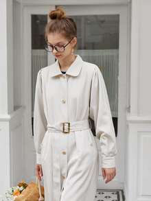 Simple Retro Puff Sleeve Belted Trench Coat - Beige - View 3