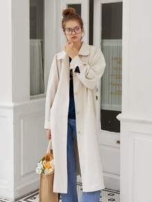 Simple Retro Puff Sleeve Belted Trench Coat - Beige - View 4