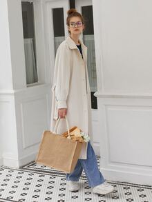 Simple Retro Puff Sleeve Belted Trench Coat - Beige - View 5