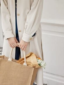 Simple Retro Puff Sleeve Belted Trench Coat - Beige - View 6