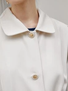 Simple Retro Puff Sleeve Belted Trench Coat - Beige - View 7