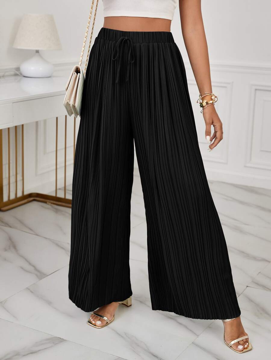 SHEIN Frenchy High Waist Pleated Knot Front Wide Leg Trousers - Black - View 1