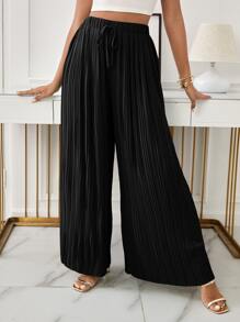 SHEIN Frenchy High Waist Pleated Knot Front Wide Leg Trousers - Black - View 2