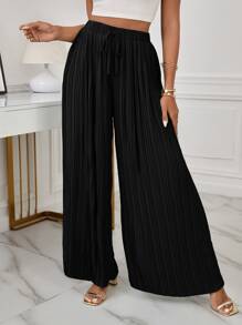 SHEIN Frenchy High Waist Pleated Knot Front Wide Leg Trousers - Black - View 3