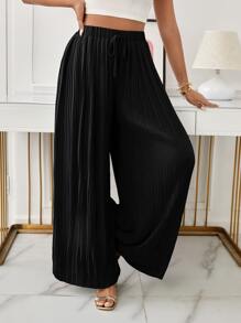 SHEIN Frenchy High Waist Pleated Knot Front Wide Leg Trousers - Black - View 4