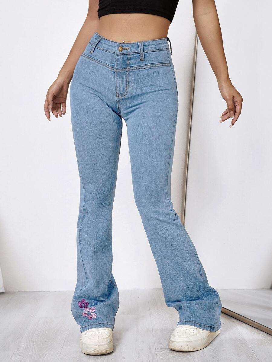 花卉圖案高腰靴型褲 - 淺色水洗藍 - 查看 1