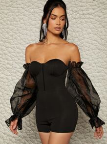 Off Shoulder Organza Sleeve Sheer Panel Detail Romper - Black - View 4
