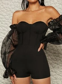 Off Shoulder Organza Sleeve Sheer Panel Detail Romper - Black - View 3