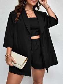 SHEIN Essnce Plus Shawl Collar Shirt & Shorts & Tube Top - Black - View 1