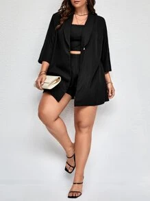 SHEIN Essnce Plus Shawl Collar Shirt & Shorts & Tube Top - Black - View 4