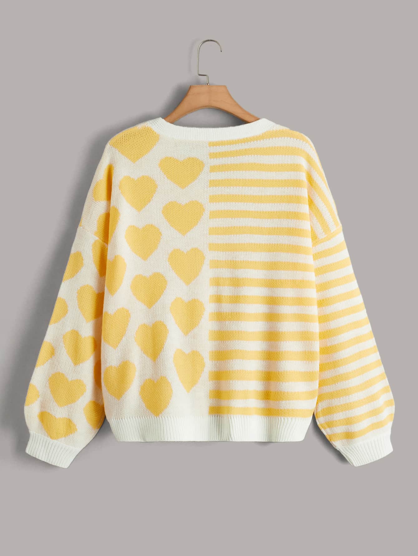 Plus Size Women Casual Striped & Heart Pattern Drop Shoulder Cardigan Sweater, Autumn/Winter