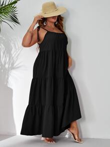 SHEIN VCAY Plus Solid Flounce Hem Cami Dress - Black - View 1