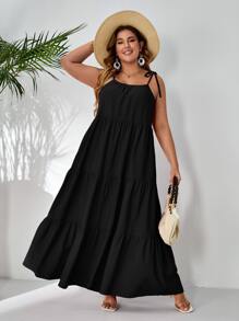 SHEIN VCAY Plus Solid Flounce Hem Cami Dress - Black - View 4