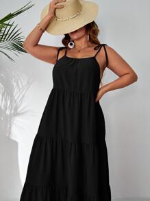 SHEIN VCAY Plus Solid Flounce Hem Cami Dress - Black - View 5