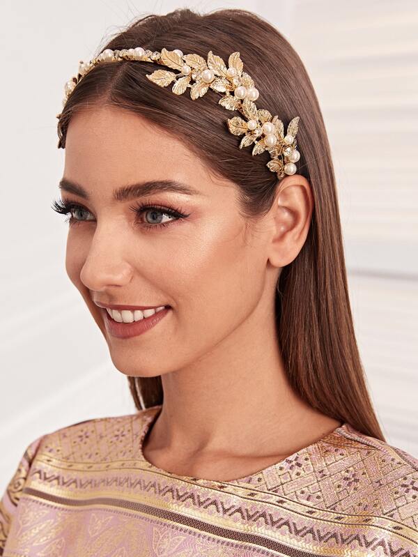 Leaf & Faux Pearl Decor Headband Elegant Hairband Hair Hoop
