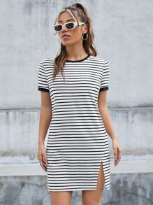 SHEIN Essnce 條紋印花滾邊T恤連衣裙 - 白色 - 查看 5