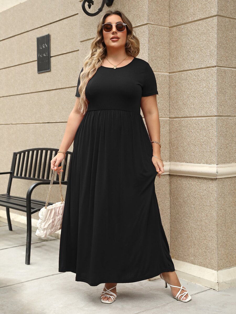 Plus Solid Maxi A-line Dress - Black - View 1