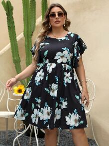 Plus Floral Print Butterfly Sleeve Dress - Multicolor - View 1