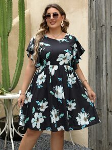 Plus Floral Print Butterfly Sleeve Dress - Multicolor - View 3