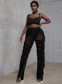 Ladder Distressed Fringe Trim Trousers - Black - View 1