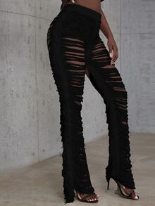 Ladder Distressed Fringe Trim Trousers - Black - View 3