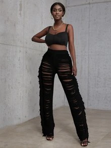 Ladder Distressed Fringe Trim Trousers - Black - View 4