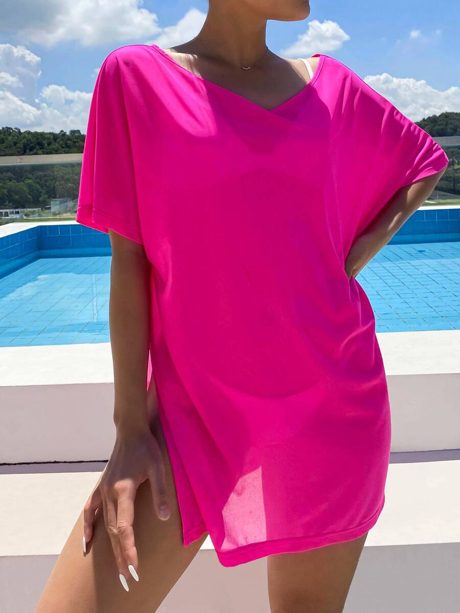 AAmilife Solid Split Thigh Cover Up Summer - Hot Pink - View 1