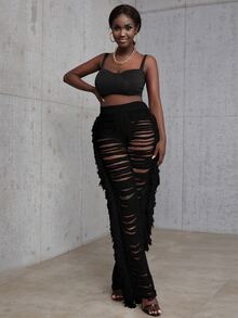 Ladder Distressed Fringe Trim Trousers - Black - View 5