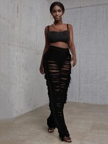 Ladder Distressed Fringe Trim Trousers - Black - View 6