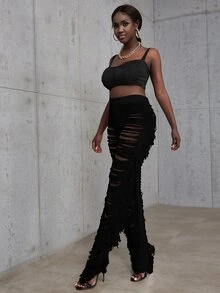 Ladder Distressed Fringe Trim Trousers - Black - View 7