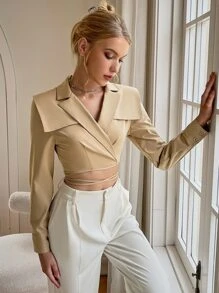 Sollinarry 西裝領圍裹後綁帶短款襯衫 - 卡其色 - 查看 1