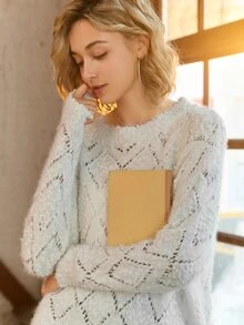 Knit Mix Áo len chui đầu dáng rộng cổ tròn khoét cổ cho nữ (Hoa văn ngẫu nhiên) - trắng - Xem 5